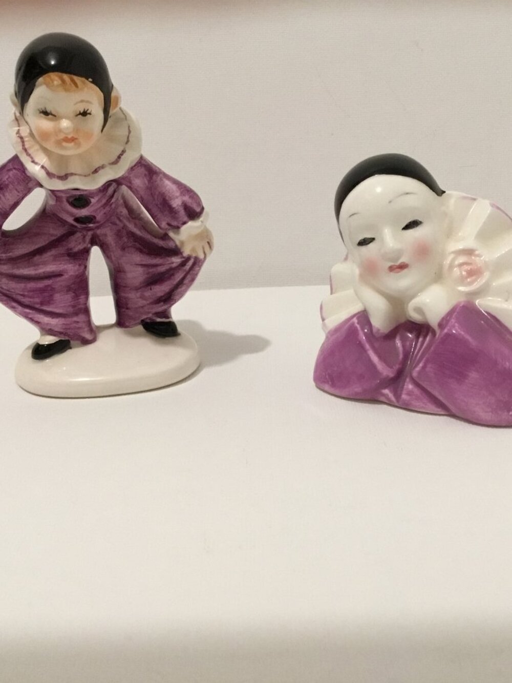 Vintage Pierrot Ceramic Figurines in purple - clown and bust by Giftcraft - Rare